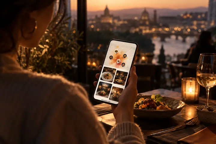 Mobile App zur Entdeckung von Restaurants mit einer warmen Karte und Restaurantkarten